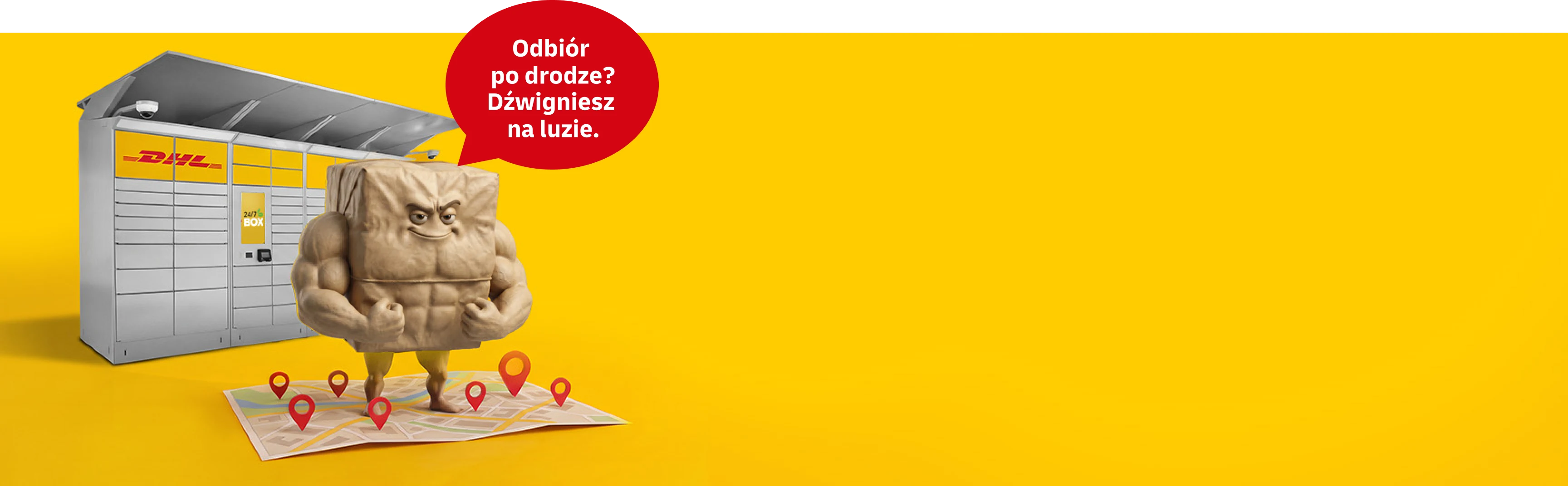 Paczuś Paker przy automacie DHL BOX na mapie punktów. Odbiór po drodze? Dźwigniesz na luzie.